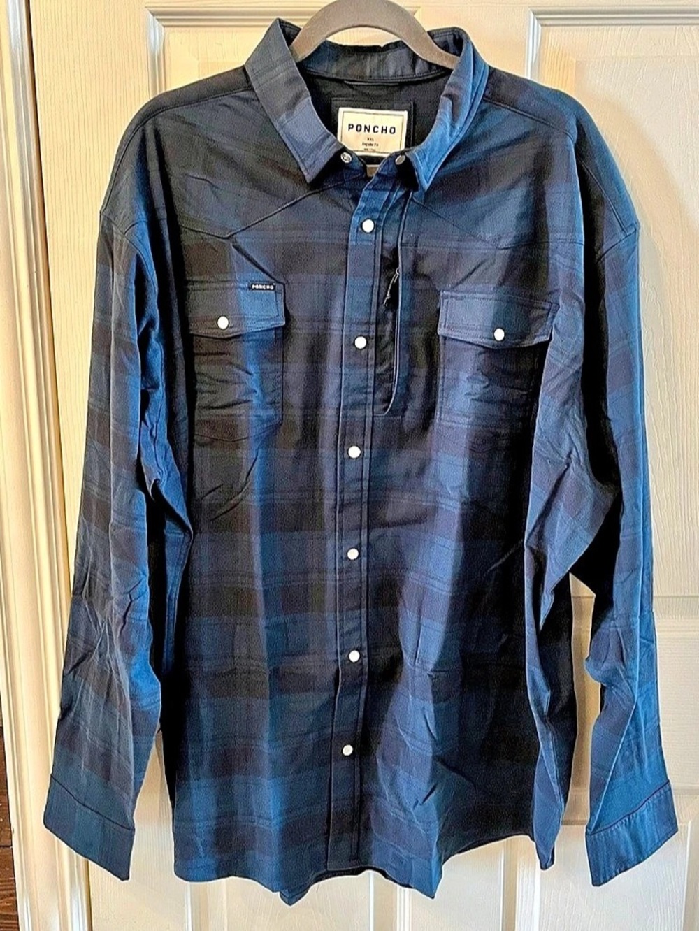 Poncho Powder River Men’s Flannel Plaid Snap Front Shirt in Blues,  XXL